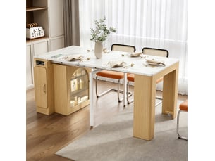Îlot de cuisine mobile extensible avec roulettes, plateau effet marbre, prises usb-c et led
