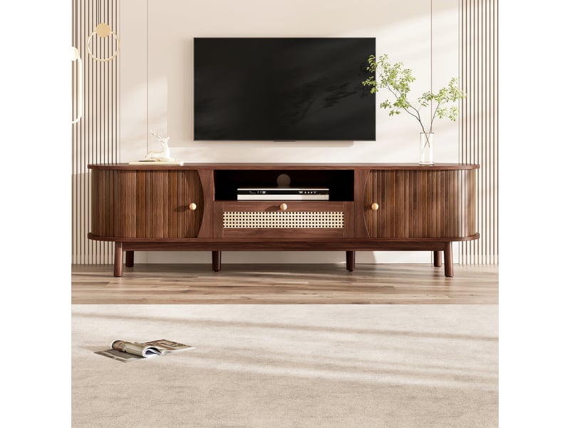  Meuble tv avec portes et tiroirs. Meuble tele en rotin, façade basse, portes en bois massif, solution de rangement de style cottage  - Conforama D