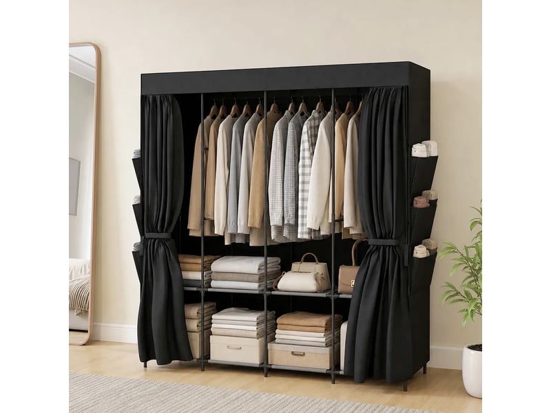  Armoire gain de place en tissu avec 5 tringles, 4 étagères, 6 poches latérales, 170 x 45 x 167 cm, noire  - Conforama C