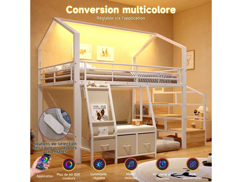  Lit mezzanine 140 x 200 cm – avec étagère de rangement en tissu – avec 3 tiroirs – avec échelle – avec éclairage led – blanc (matelas non inclus)  - Conforama W