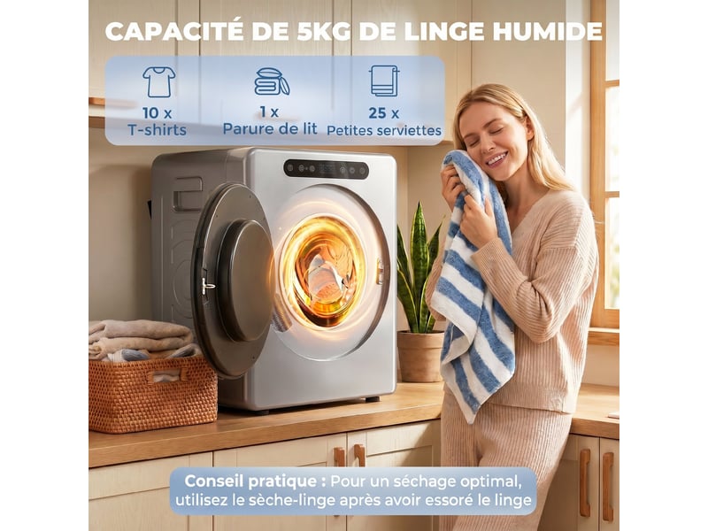 Sèche linge à évacuation, sèche-linge électrique 1000 w 3 kg, 6 modes de séchage, minuterie, argent, acier inoxydable - Conforama E