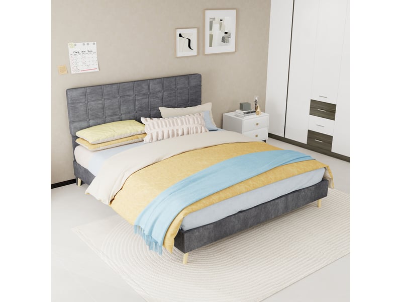  Lit double 160 x 200 cm gris foncé avec tête de lit capitonnée et matelas inclus  - Conforama E
