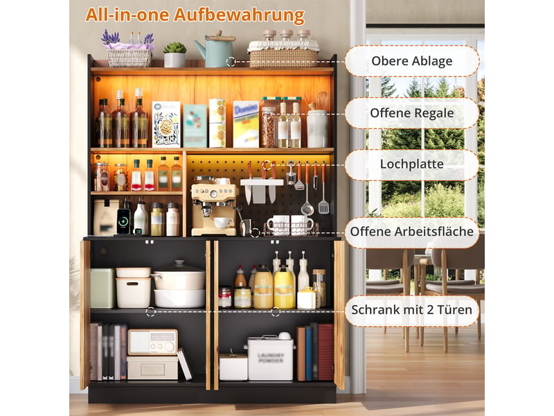Buffet haut de cuisine 120 x 43 x 160 cm bois naturel et noir, led rgb par application, 4 portes, prises, usb et panneau perforé, pour cuisine - Conforama E