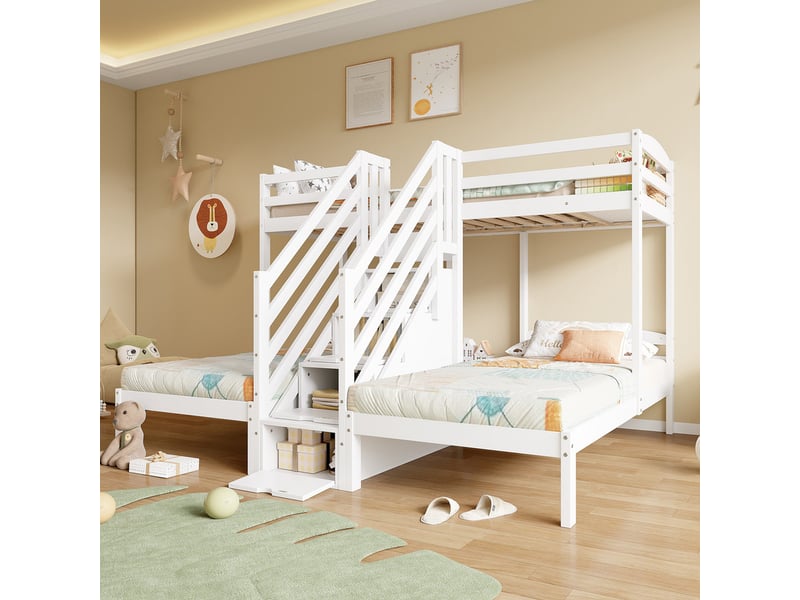 Lit mezzanine 90 x 200cm, 3 couchages, avec tiroirs, barrière de sécurité, certifié en 747, sans matelas, blanc - Conforama D