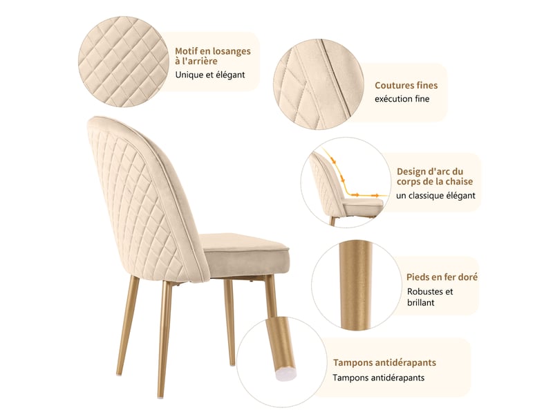  Chaises de salle à manger lot de 2 à dossier incurvé  - pieds antidérapants métal doré velours beige  - Conforama E