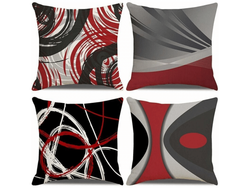 Lot de 4 housse de coussin 45 x 45 cm, rouge noir motif géométrique taie d'oreiller décoratif canapé en coton et lin pour canapé lit chambre chaise jardi  - Conforama A