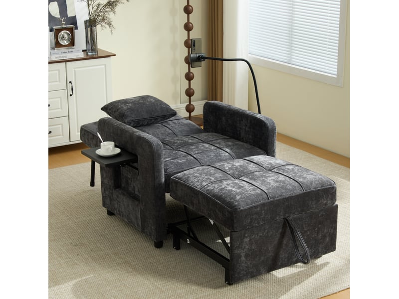  Fauteuil convertible 79x66x83 cm, dossier 5 positions, coussin, canapé 1 place, tablette, rangement, tissu en chenille gris foncé  - Conforama D