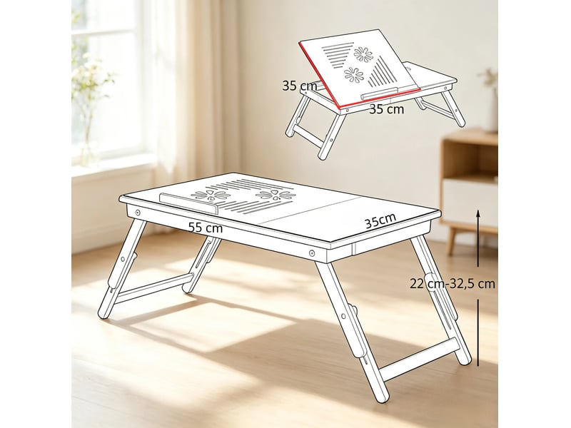  Table de lit pliable réglable en bambou 55 x 35 cm avec tiroir et plateau inclinable  - Conforama C