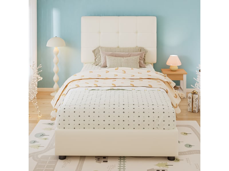  Lit enfant 90x200 cm avec tête biscuit et protections anti-collision, bois, beige, sans matelas  - Conforama W