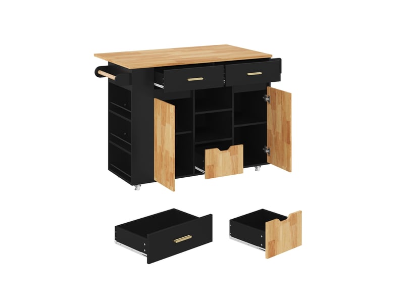  Île de cuisine mobile avec plaque de travail rabattable, chariot de cuisine et armoire de rangement avec rayon d'épices à 3 niveaux, 3 grands tiroirs et roues à verrouillage, 120 × 45(71) × 90 cm  - Conforama A