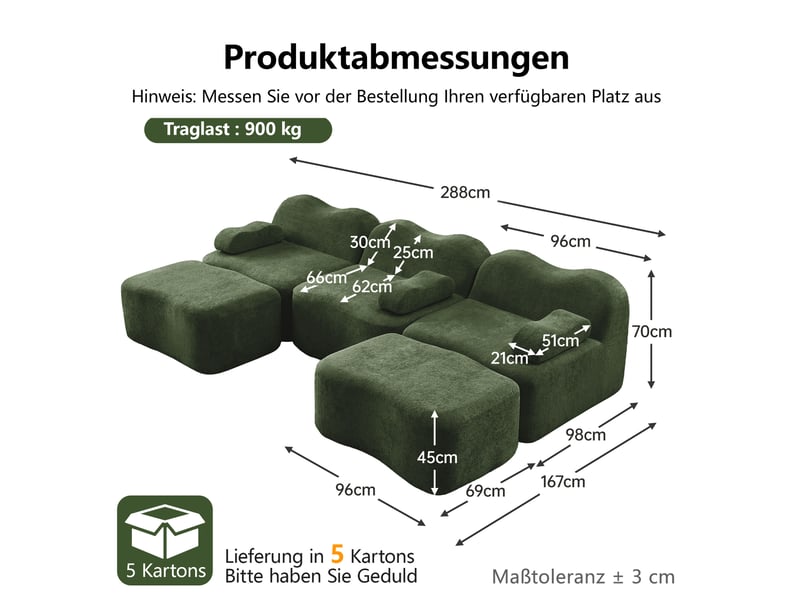  Canapé modulaire 3 places en u avec 2 ottomans en velours vert  - Conforama E