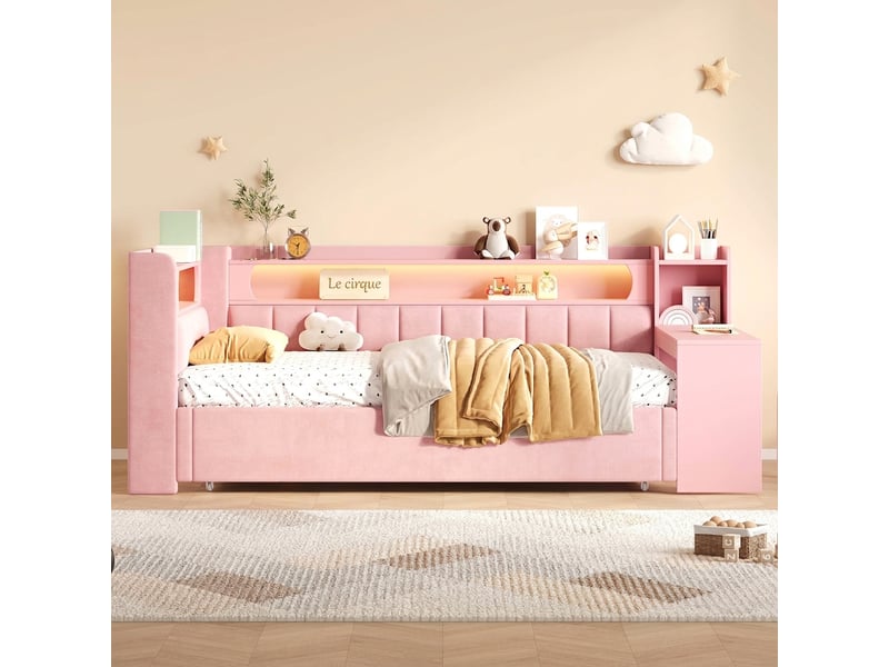  Lit gigogne extensible 90x200 à 180x200 rose avec bureau intégré et port usb sans matelas  - Conforama E