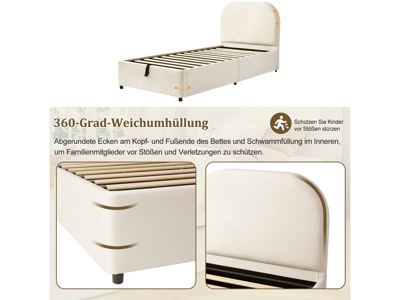  Lit coffre simple 90x200 cm, lit enfant avec rangement, sommier à lattes, style moderne, velours beige, sans matelas  - Conforama E