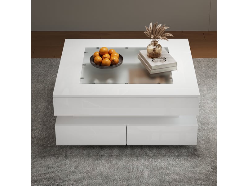 Table basse blanche avec led et 3 tiroirs, table basse carrée 70x70 cm, plateau en verre trempé et bois brillant, blanc. - Conforama E