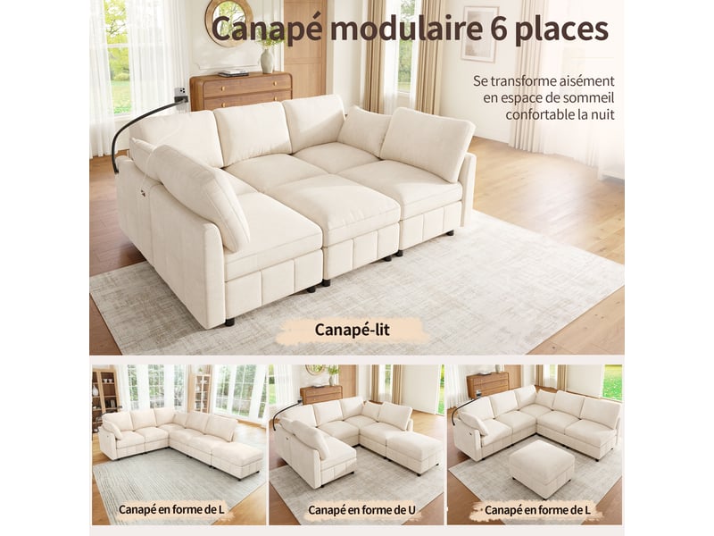  Canapé convertible 218x157x85 cm - usb et usb-c - 6 places - pivotant à 360° - coussins inclus - chenille - assise confortable - noyer CozyNest - Conforama E