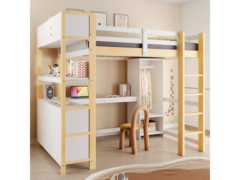 Lit mezzanine naturel 140x200cm avec rangement, bureau et étagères, sécurité renforcée, pratique - bois massif - pour enfant ado - Conforama D