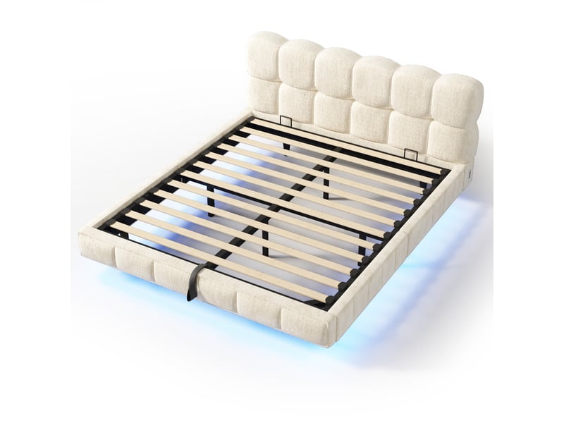  Lit coffre 140 × 190 cm hydraulique avec led, ports usb et type-c, sans matelas, en chenille, beige  - Conforama E