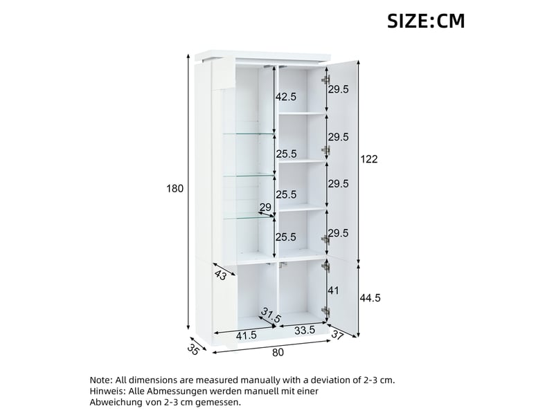 Vitrine haute avec 4 portes, 6 étagères et éclairage led bluetooth pour salon, salle à manger et chambre, en mdf blanc - Conforama E