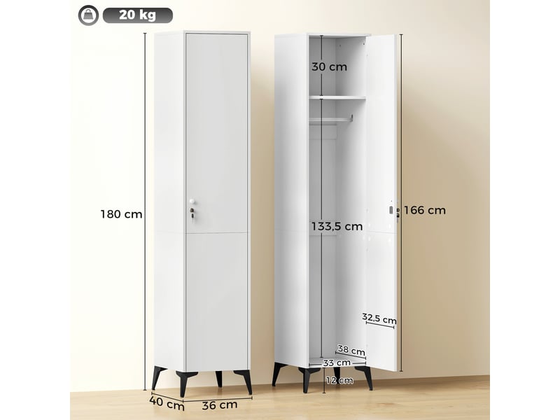  Armoire chambre étroite penderie avec porte, tringle et étagères de rangement, 36 x 40 x 180 cm, blanc  - Conforama D