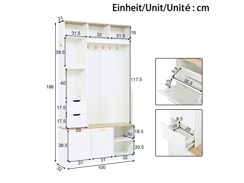 Meuble d'entrée 100 x 32 x 186 cm, banc, 5 patères, 2 tiroirs, 2 abattants à chaussures, led par appli, mdf et panneaux de particules, blanc ABC - Conforama C