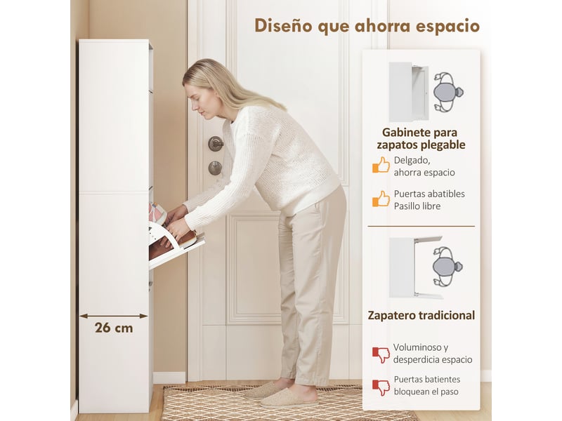  Meuble à chaussures étroit avec 3 tiroirs abattants, étagères réglables et compartiment ouvert, capacité de 12 à 18 paires, blanc  - Conforama E
