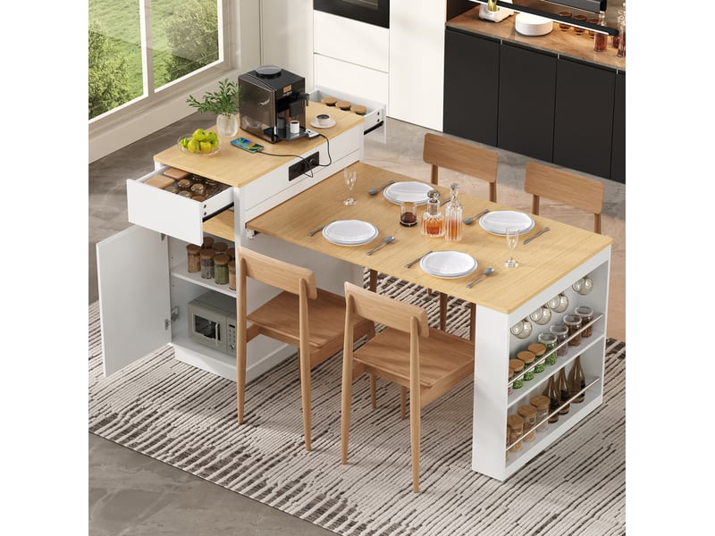Îlot de cuisine extensible avec rangement, prises usbtype-c et led, blanc - Conforama E
