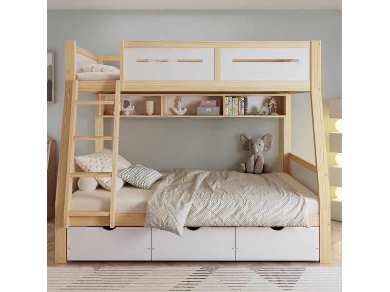 Lit superposé enfant 90x200 et 120x200 cm blanc et naturel avec 3 tiroirs - Conforama D