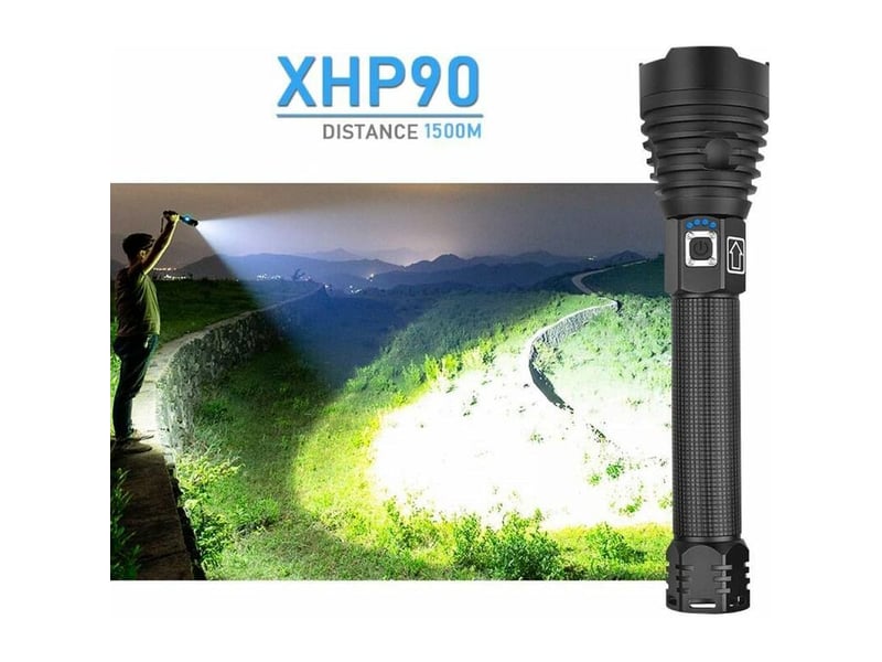 Lampe torche led,10000 lumens lampe de poche xhp90 ultra puissante ajustable zoomable étanche torche,lampe torche rechargeable usb,contient 218650 bat - Conforama C