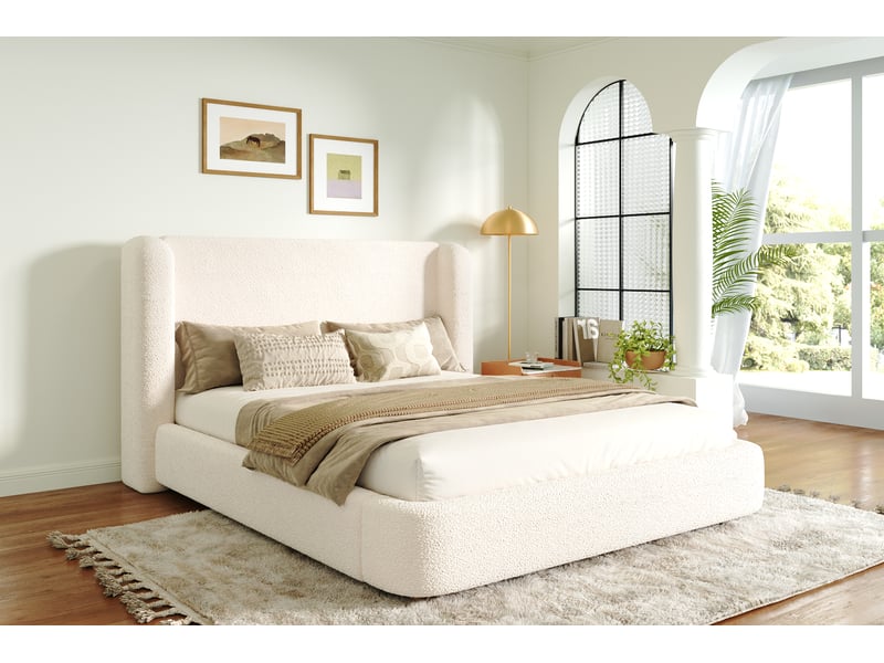  Lit coffre bouclé beige avec tête de lit enveloppante 160 x 200 cm Fay Lum - Conforama E