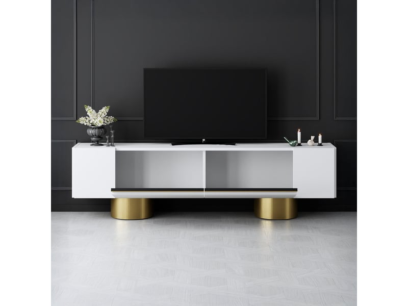  Meuble tv 2 portes abattantes blanc et doré  - Conforama D
