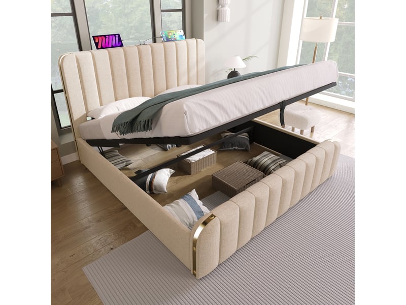  Lit coffre 140 x 200 cm beige en lin avec matelas, ports usb et type-c  - Conforama C