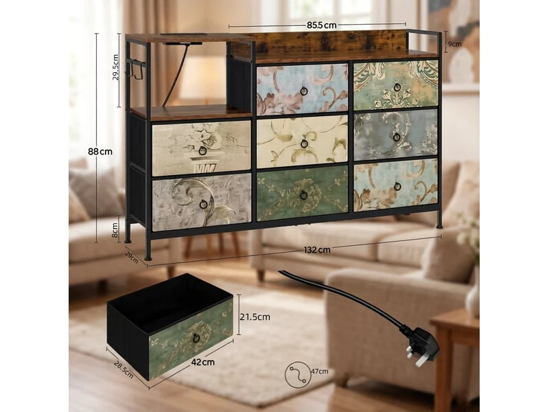  Commode 8 tiroirs 132x88x29 cm, finition bois effet industriel vintage, 2 crochets métalliques, port usb type-c, multicolore  - Conforama C