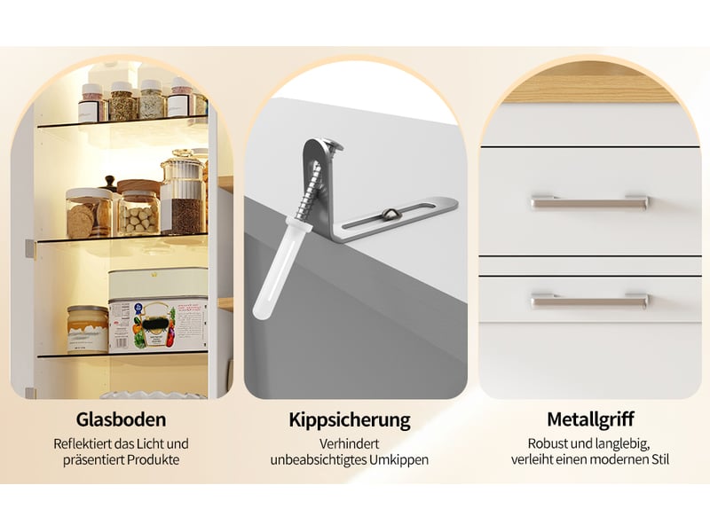  Buffet cuisine blanc mdf 185x140cm avec 3 tiroirs et éclairage led intégré pour rangement vaisselle  - Conforama D
