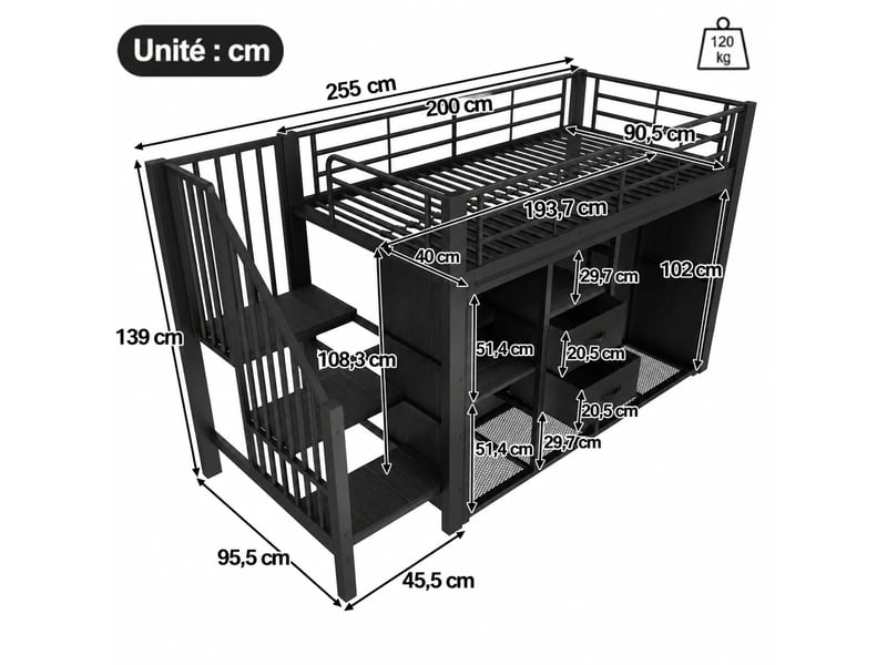  Lit mezzanine 90 x 200 cm avec rangement, penderie ouverte et éclairage led multicolore, structure métal et mdf noire  - Conforama C