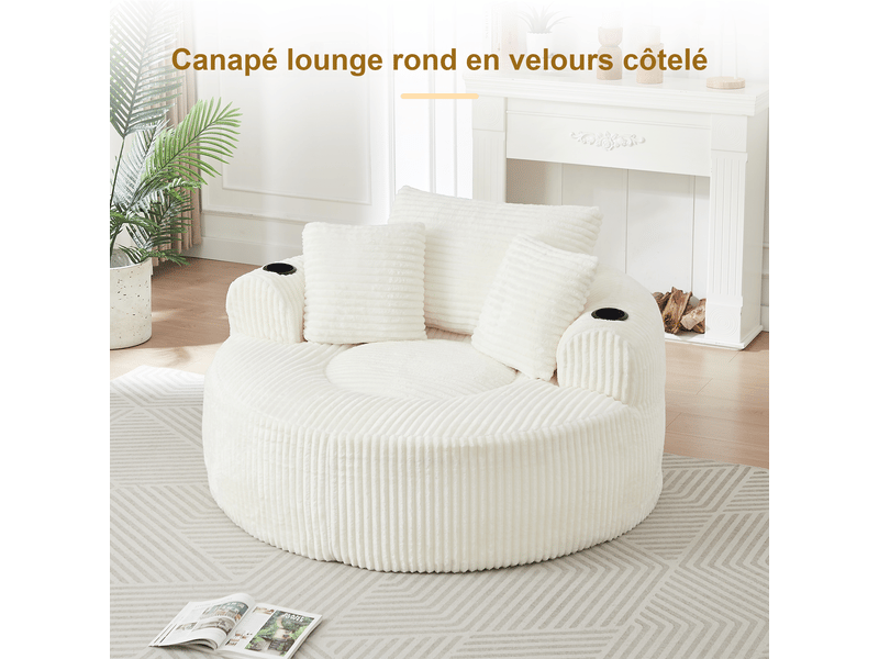  Fauteuil lounge rond 1 place en velours côtelé beige 142x142 cm, 2 porte-gobelets, 3 coussins, rangement latéral, salon ou chambre 142X142X85cm - Conforama W