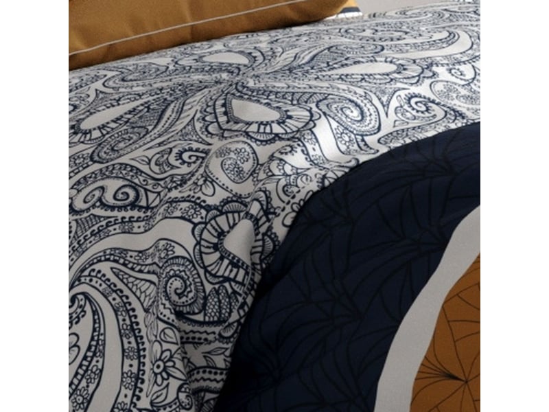  Parure housse de couette 240x220cm + 2 taies motif graphique bleu, ocre et blanc 100% coton - siloe SILOE - Conforama C