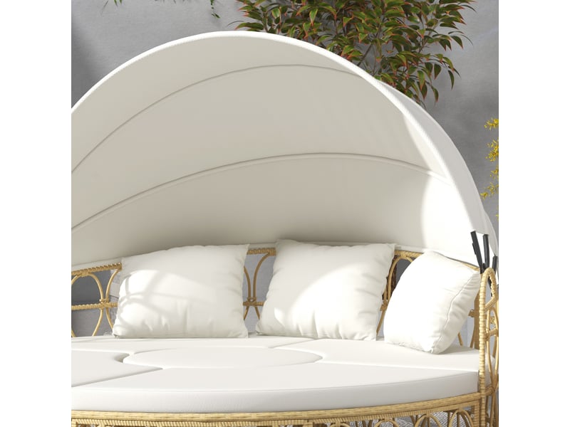 Salon de jardin 4 pièces en rotin blanc, canapé 2 places avec toit rétractable et table basse, pour terrasse - Conforama E