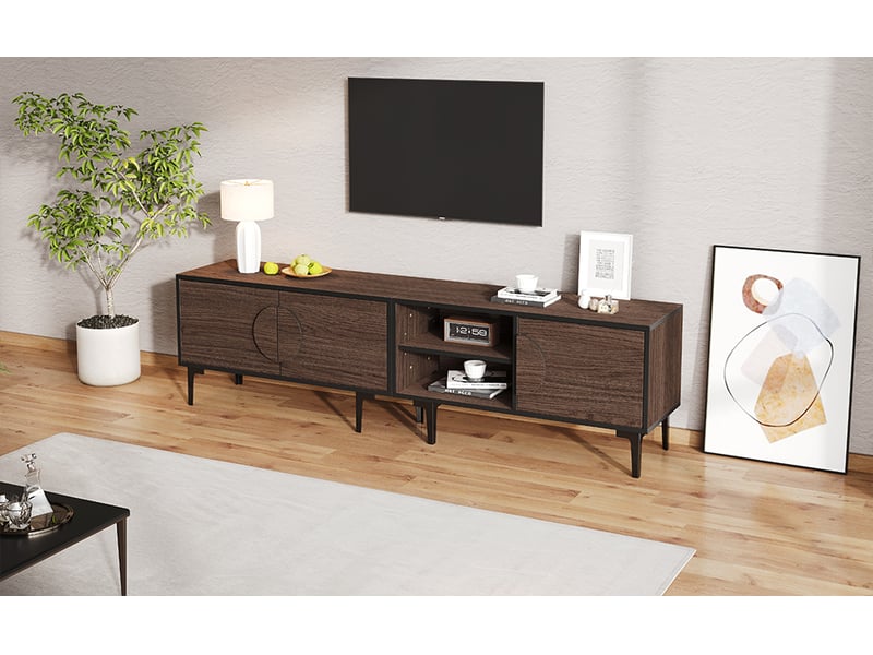  Meuble tv 180 cm noyer foncé pour écran 80 pouces avec 3 portes et rangements ouverts  - Conforama W