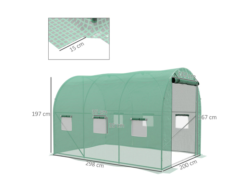  Serre de jardin tunnel 6 m² avec système d'arrosage intégré, 3l x 2l m 6 fenêtres porte enroulable vert  - Conforama E