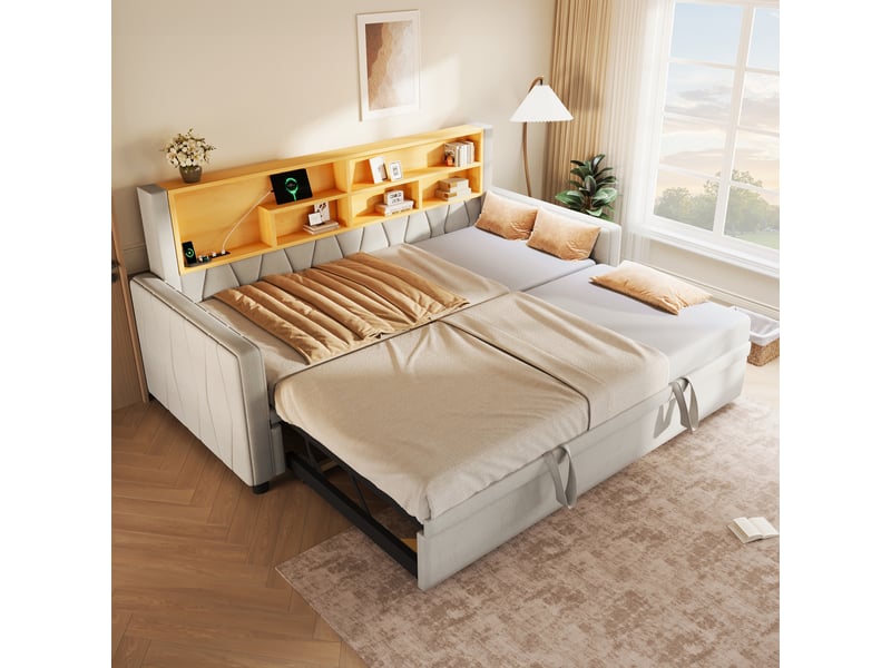 Canapé-lit 90 × 200 cm + 180 × 200 cm – avec bande led – avec prise électrique – revêtement en lin – beige (matelas non inclus) - Conforama B