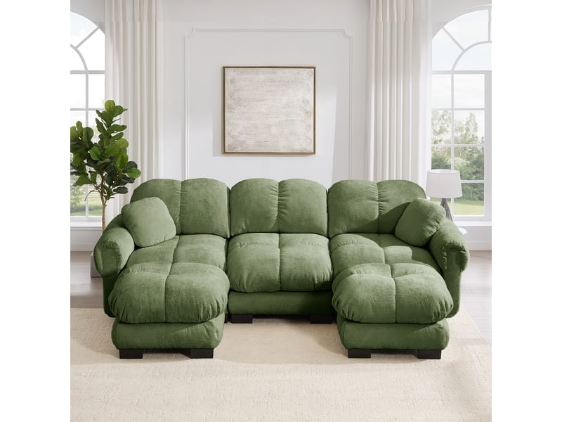  Canapé modulable 3 places 260 cm canapé droit en tissu chenille avec 2 pouf mobile, design matelassé, coussins épais, dossier ergonomique, vert Seren Glow - Conforama D