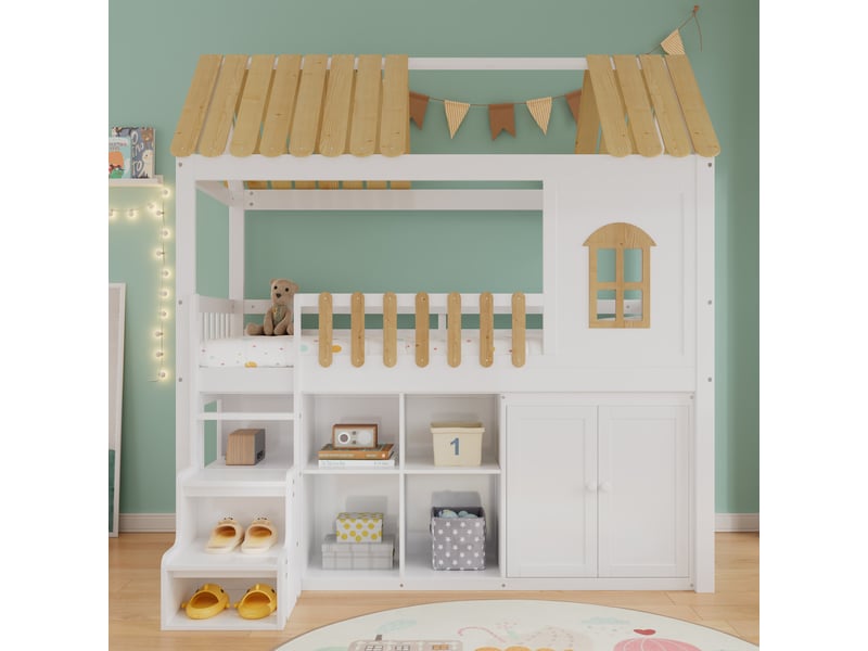 Lit mezzanine enfant simple 90×200 cm avec armoire, étagères et escalier - okmyhome- sans matelas, blanc naturel - Conforama C