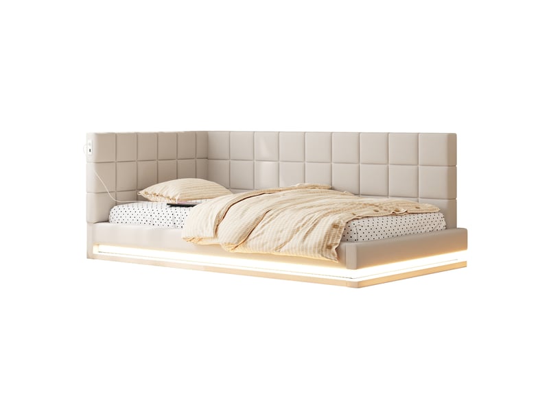  Modenvie banquette-lit 90x200 cm - avec led et port usb, sommier inclus, sans matelas - beige  - Conforama A