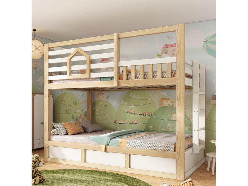  Modenvie lit superposé enfant 90x200 cm - style cabane, rangement hydraulique, sans matelas - blanc  - Conforama E