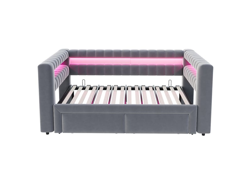  Lit gigogne 90x190 cm -  2 tiroirs - led usb-c - lit banquette 1 place convertible 180x190 cm- gris  - Conforama W