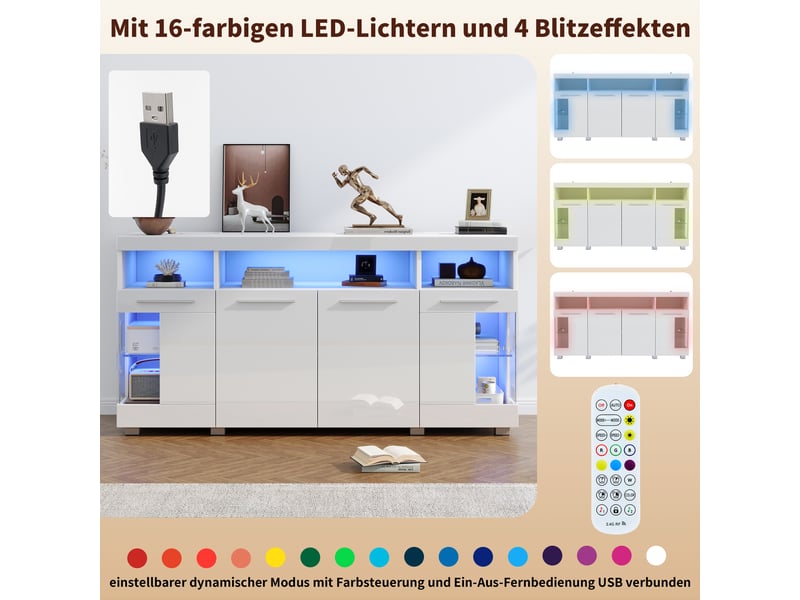 Buffet de salon blanc brillant avec éclairage led intégré, portes en verre trempé et rangement 140 x 40 x 70 cm - Conforama E