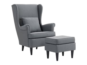 Fauteuil à oreilles avec repose-pieds, fauteuil rembourré avec pieds en bois d'hévéa, revêtement en tissu, gris