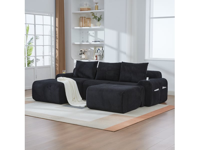 Canapé modulable 3 places 268x174x80 cm, velours côtelé noir, porte-gobelet, poche latérale, assise généreuse, confortable, 2 poufs - Conforama E