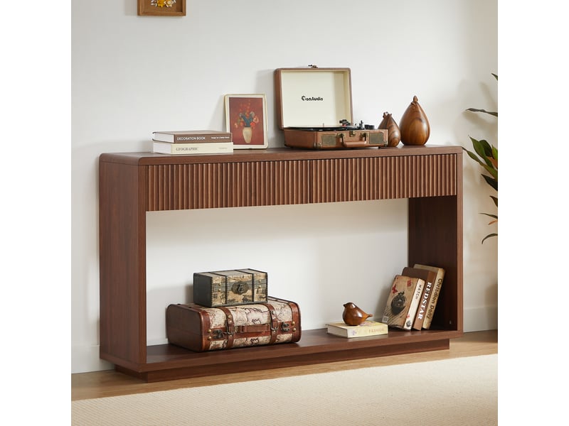  Console d’entrée 150x35x85 cm à deux tiroirs et niche ouverte, panneau de particules, mdf, noyer  - Conforama C