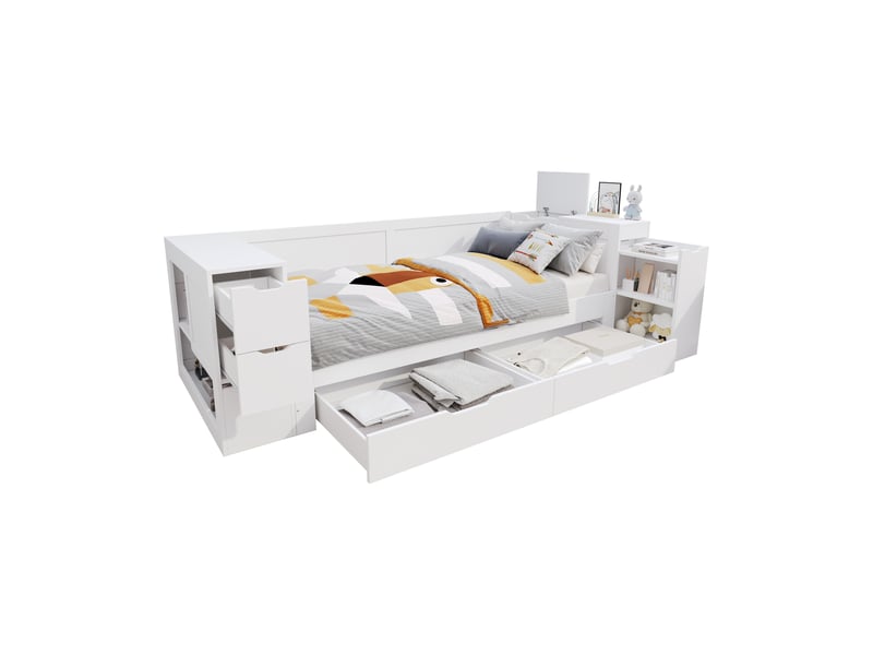  Lit enfant 90x200 lit banquette avec rangement tiroirs et table de chevet mdf blanc  - Conforama A